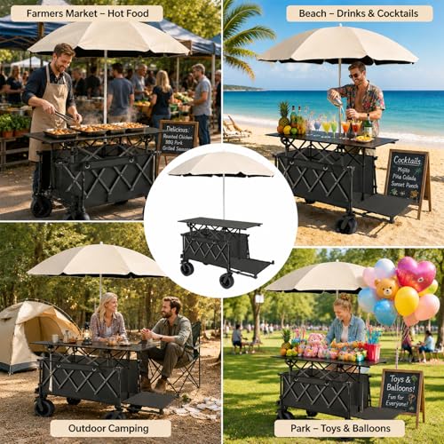 Farmers Market Cart with Umbrella, Storage Bins and Wheels