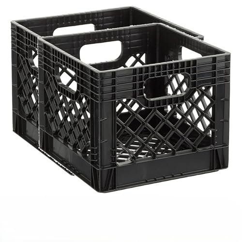 CLMSTE 16QT Heavy-Duty Plastic Square Milk Crate Black(2 pack)