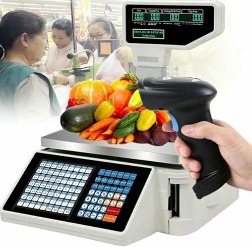 NYTFHMS Digital Price Label Printing Scale,Barcode Printing Scale,with Thermal Printer,Electronics Weighing Scale,Double-Sided Display Screen,Machine+Scanner