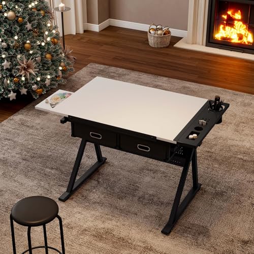 Majnesvon Adjustable Drafting Table, Metal Artist Desk, Drawing Desk with 2 Drawers & Stool, Art Tables with Storage for Home Office & School (White)