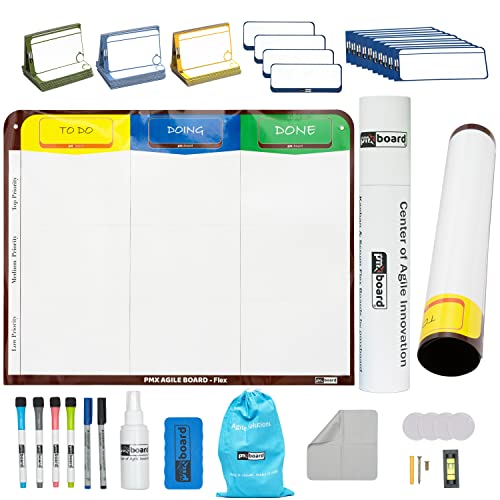 PMXBOARD 3-Column Magnetic Kanban Board Kit – Board + 47 Magnetic Cards | Flex Dry Erase Scrum & Project Planning Whiteboard