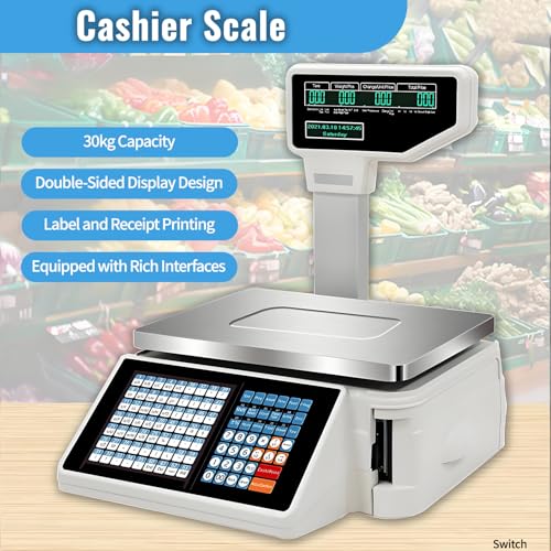 Ofyphth Digital Price Label Printing Scale, 30kg/66lbs Double Sided LCD Display, Computing Scale Thermal Printer Electronics Barcode Scale Cash Register, for Retail Store, Supermarket. PackageA
