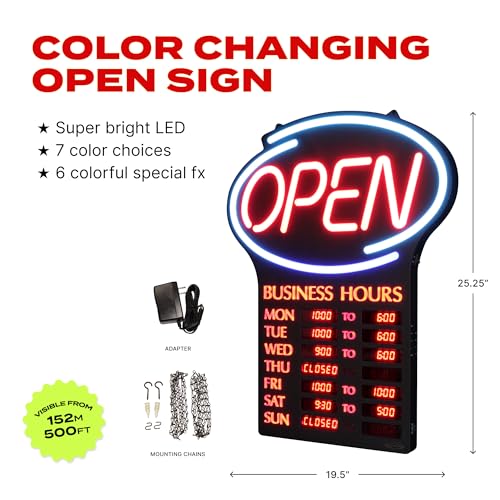 Newon 19" x 25" LED Open Sign – Programmable Business Hours, 7 Border Colors PLUS 7 Animation Effects & Ultra-Bright Multi-Color Neon Lights – High Visibility Display for Business, Restaurant, Bar, Retail Store