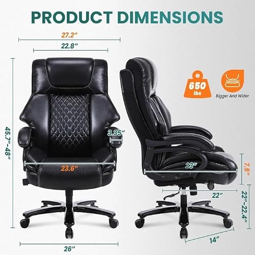 650lbs Large Big and Tall Office Chair for Heavy People with Adjustment Lumbar Support, Comfy Padded Heavy Duty Leather Executive Office Chair with Quiet Rubber for Adults 8 Hours Daliy Work