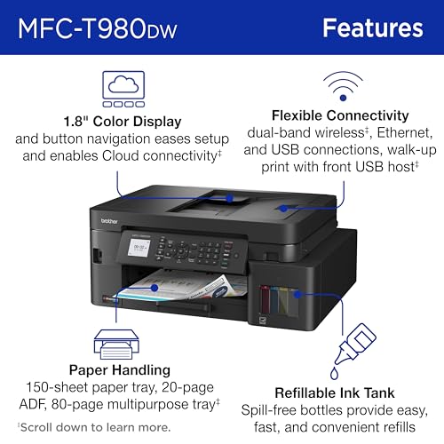 Brother INKvestment Tank 980 Wireless and Ethernet Color Inkjet All-in-One Printer with Multipurpose Tray | Includes up to 3 Years of Ink in-Box(1) and Limited Warranty(2) (MFC-T980DW)
