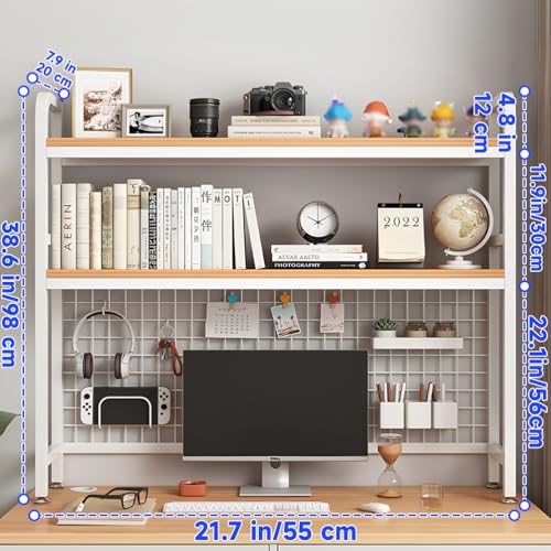 Desktop Bookshelf for Computer Desk, 1~2-Tier Multipurpose Wood Hutch Bookcase Organizer, Countertop Storage Hutch with Grid Panel, Desk Shelves for Office Home Dorm,White 2tier 21in