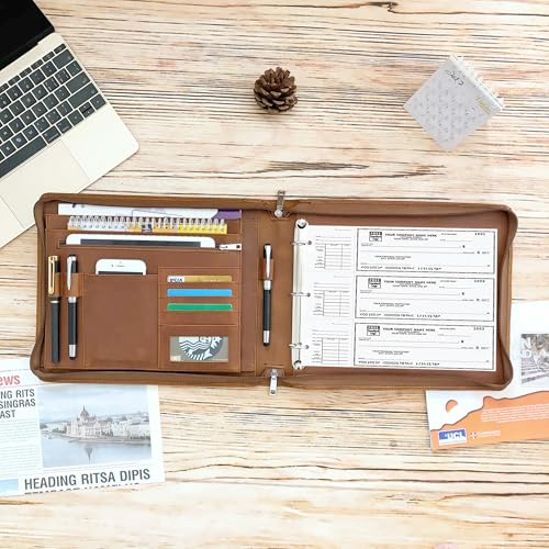 Business 3 Ring Check Binder, Genuine Leather Check Book Portfolio for 3 Holes or 9 Holes Checks, Check Book Binder for 11 1/4"x9", Crazy Horse Leather (Brown, Standard)