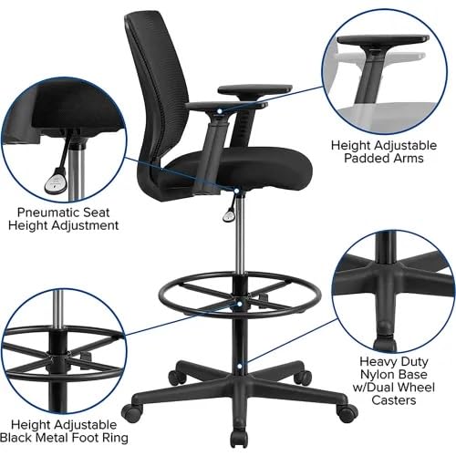 Ergonomic Mesh Drafting Stool with Adjustable Arms, Lumbar Support & Height-Control Foot Ring – Swivel Mid-Back Drafting Chair for Office or Studio, Black