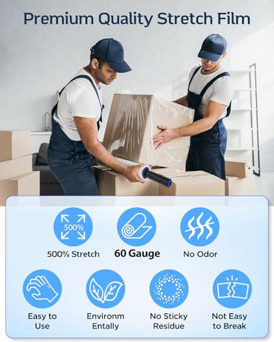 FugaCity Stretch Wrap Film-15 in 1000 FT 60 Gauge Shrink Wrap for Furniture Wrapping Shipping, Moving Supplies Clear Plastic Wrap, Heavy Duty Industrial Strength,500% Stretch (3 Roll with Handles)