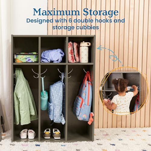 ECR4Kids Streamline 3-Section Toddler Coat Locker with Cubby Storage, Kids Furniture, Grey Wash