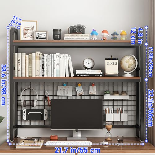 Desktop Bookshelf for Computer Desk, 1~2-Tier Multipurpose Wood Hutch Bookcase Organizer, Countertop Storage Hutch with Grid Panel, Desk Shelves for Office Home Dorm,Black 2tier 21in