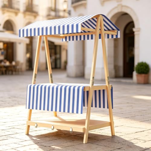 CHBMZ Foldable Wooden Market Display Booth, Portable Two Level Vendor Stand with Canopy, Compact Suitcase Design for Craft Fairs, Farmers Markets, Festivals & Pop Up Events(Blue,106cm/41.7in)