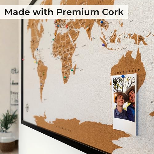 World Map Pin Board Large 30"x20" Framed | Cork Wall Map with Country Flags, Metallic & Colored Pins | World Travel Map with Pins | Unique Push Pin Map Gift for Travelers, Couples & Families.
