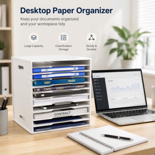 Timisea12 Tier Scrapbook Paper Organizer,White Cardstock A4 Paper Sorter Storage Rack,Scrapbook Organizer for Sizes 11" X 11" for Home Office & Classrooms,White Organizer Storage
