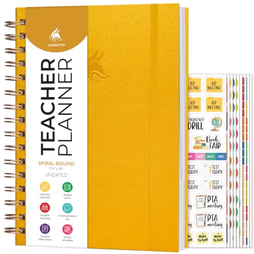Clever Fox Teacher Planner Spiral, Undated Gradebook Homeschool AmberYellow