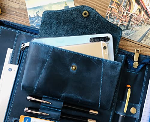 Gvalant Personalized Leather Portfolio, Letter Size Organizer Folders, Zippered Leather Portfolio, Leather Padfolio, A4 Notebook Holder, Portfolio Carrying Case for 14-inch Laptop, Blue
