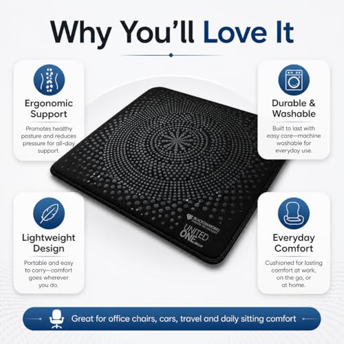 UOG (United One) 5-in-All Wellness Seat Pad, Cushion for Office, Car & Pilot Seat Comfort, Pressure Relief, Hip, Tailbone & Lower Back Comfort, Black Diamond Carbon & Nano Silver, Made in USA