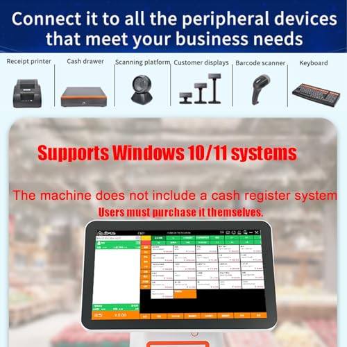 JIMINHUIXIN Touch Screen POS Monitor, Cash Register System with 15.6 Inch Rotatable Display, i5+8GB+128GB, Built-in 58mm Printer for Small Business