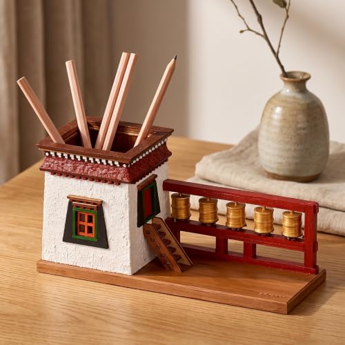 JYSWDZ Handmade Wooden Desktop Pen Holder, Tibetan Architecture Pen Holder, With Rotatable Prayer Wheels, Ethnic Decor Pencil Pot, Solid Wood Painted Creative Ornaments, For Holiday Gifts White