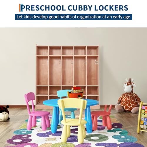 Naiveferry Wooden Plywood Coat Locker with 5 Large and 15 Small Cubbies, Kids Storage Cabinet for Classroom Daycare Preschool, Lockers with Coat Hooks for Mudroom Entryway Home, Natural