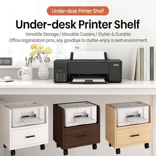 PreuepltrMa Printer Stand with Storage Drawer, Printer Table with Locking Wheels, for Under Desk, Home, Office, Mechanism Small and Short(Light Oak,45 cm(17.72in) in Length)