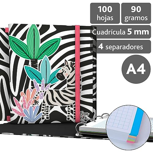 Grafoplás 88212640. 4 Ring Folder with Flap, A4, Rubber Closure, Includes Replacement and Separators, Carpeplus, Free Life Collection, Zebra