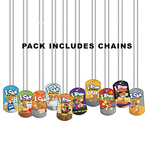 Build, Support, & Encourage Kindergarten Skills Brag Tags Value Pack: 500 Tags (50 Tags for Each Skill) + 150 USA-Made, Hypoallergenic Aluminum Safety Chains