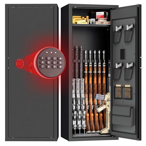 Omelaza 10-12 Gun Safe for Rifles and Pistols, Digital Keypad Quick Access Large Gun Cabinet with Adjustable Shelves, Rifle Rack & Anti-Theft Locking System for Home, Black, Heavy-Gauge Steel