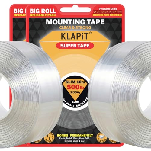 KLAPiT Slim Super Heavy Duty Double Sided Tape (32.80FT/10M) – Waterproof Removable Mounting Tape | 500lb Hold Weatherproof Nano Tape for Home Decor, Kitchen, Classroom Must Haves & Office (Pack of 2)