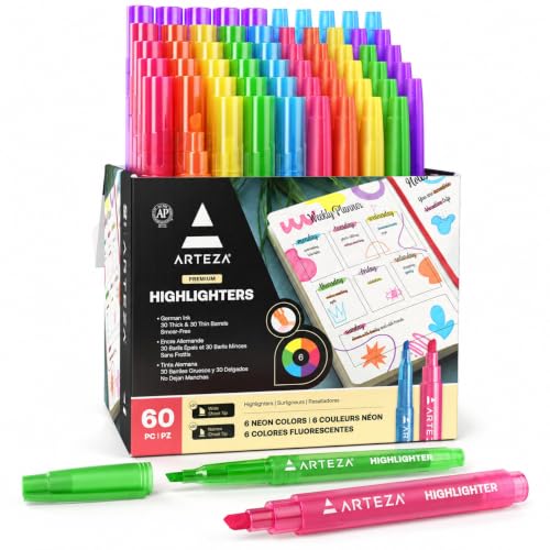 ARTEZA Highlighters, Bulk Set of 60 Neon Colors with Broad & Narrow Chisel Tips, Quick-Dry Smear-Resistant Ink for Office, Journaling, Planning & Notes