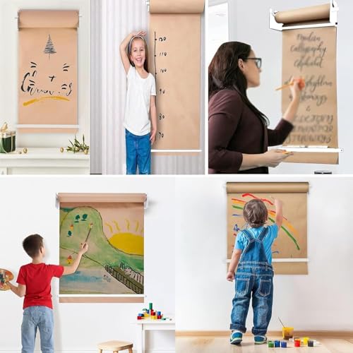 LNNW Kraft Paper Dispenser Wall Mounted Kraft Paper Roll Holder, for Children Drawing, Hanging Notepad Holder with Serrated Cut Bar Decorative Message Boards for Wall