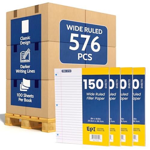 576 Pack (Pallet) Bulk EPI Filler Paper – Wide Ruled, 150 Sheets Loose Leaf Paper – 3-Hole Punched for 3 Ring Binder Refill – 10.5 x 8in – Bulk School Supplies, Office and Classroom Lined Pads