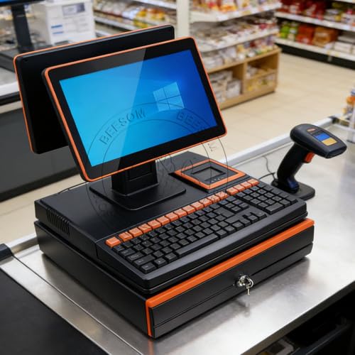 BEESOM Caja Registradora,Digital Cash Register Scanner,8+128G Storage,15.6" Multi-Touch Screen + Handheld Scanner,Built-in Thermal Printer,Easy Operation,Small Retail/Offices Double