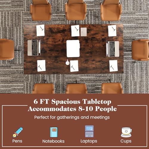MAT EXPERT 6 FT Conference Table, Rectangle Table Seats 8-10 People, Meeting Table Built-in Cable Management for Conference Room, Home Office, Classroom, Business, Rustic Brown