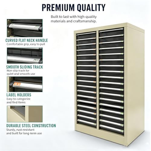 JARYANNIX File Cabinet with Label Transparent Drawers 36 Small Drawers Document Filing Steel Storage Organizer with Curved Handles and Label for Small Parts Office Business Use