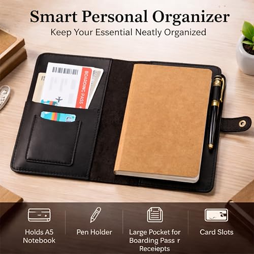 TheAntiq Genuine Leather A5 Journal Cover with Snap Closure – Handmade Refillable Notebook with Card Slots, Pen Holder, Travel Writing Diary for Office & Gift Use 5.75 x 8.25 (Black)