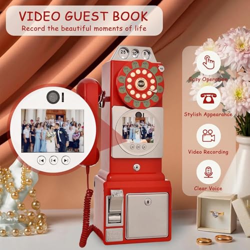 AUTUMFLATGAO Audio Guest Book & Video Guest Book, 1080p Wedding Phone Message Recorder with 64GB, Audio Guestbook Phone with Screen, Wedding Phone Guest Book for Party Reception Red