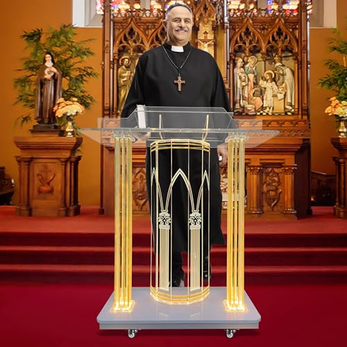 Church Pulpit,Acrylic Pulpit with Wheels,Golden Pattern Design,Led Acrylic Podium with Vertical Reading Platform, 46”Transparent Lecterns for Churches, Classroom (39.3”L*15.7”W *45.6”H)