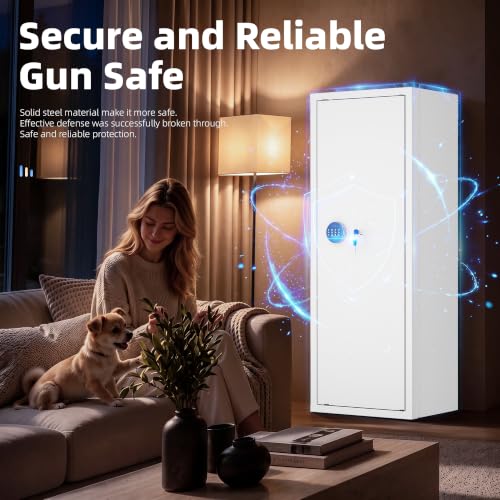 Brightpeak 10-14 Gun Safe, Large Gun Safe for Home Rifle and Pistol, Keypad Rifle Gun Cabinet, Locking Gun Safe with Shelves and Pockets, White