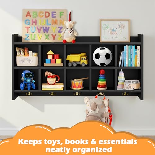 Verssure Wall Cubbies, 10 Cubby Storage Organizer with Coat Hooks, Cubbies for Classrooms,Wooden Cubby Shelf for Toys, Bags and Books, Used in School, Gym, Daycare Storge (Black)