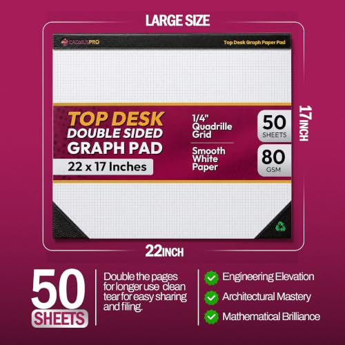 CADMUSPRO Large Graph Paper Pad 22x17 in, 2 Pack, 100 Sheets, 1/4 in Grid