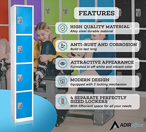 AdirOffice Large School Locker with 4 Doors 4 Hooks Storage Locker for Garage Storage - Office Storage Lockers (4 Door, Blue)