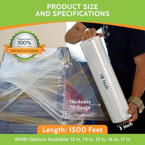 PSBM Stretch Wrap, 4 Rolls 18 Inch x 1500 Feet 70 Gauge Heavy Duty up to 800% Ultimate Stretch Clear Plastic Wrap Industrial Strength Shrink Film for Moving, Packing & Shipping