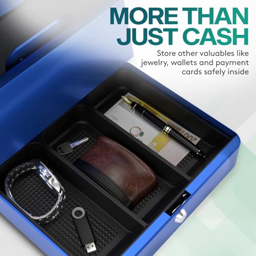 ACROPAQ 10005B Lockable Cash Box with Coin Counting Board, Large 24 x 30 x 9 cm, Lockable Box, Cash Box, Money Box Suitable for Money Storage, Blue