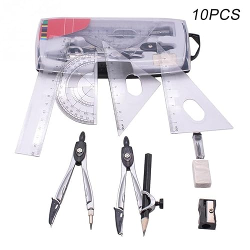 10 Piece Set Plastic + Metal Geometric Protractor Drawing Eraser Compass Mathematics Ruler Suitable for Student Tools