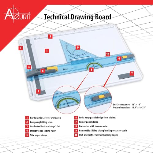Acurit Technical Drawing Board - Portable Drafting Table with Multi-Tool Kit, Break-Resistant Plastic, Straight-Edge Lock Mechanism, Transparent Ruler, Protractor, Clamping Rail - 14.5"x19.75"