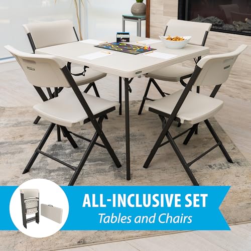 LIFETIME Folding Table and Chair Set, 37-Inch Square Fold-in-Half Table with 4 Chairs, Almond, Steel Frame