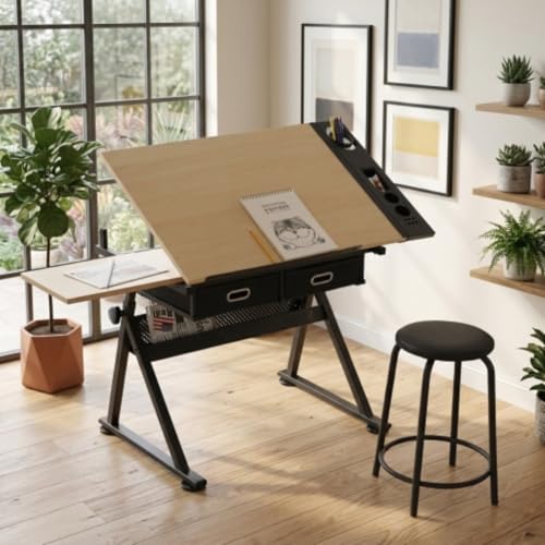 Daklpiw Height Adjustable Drafting Table Drawing Table Artist Desk Tilting Tabletop Art Craft Desk Watercolor Paintings Sketching Work Station w/2 Storage Drawers and Stool for Home Office (Maple)