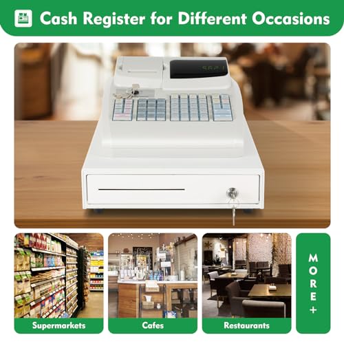 SNKOURIN Cash Register,Electronic Cash Register with 4 Bill 5 Coin,Removable Tray and Thermal Printer,Multifunction Cash Register for Small Business/Retail/Restaurant,White