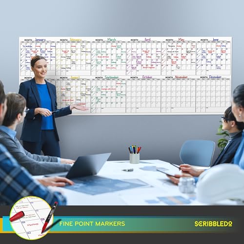 Extra Large 100"x36" Dry Erase Monthly Planner – 12-Month Whiteboard Calendar Includes 6 white Board Markers Eraser Push Pins & Mounting Tape